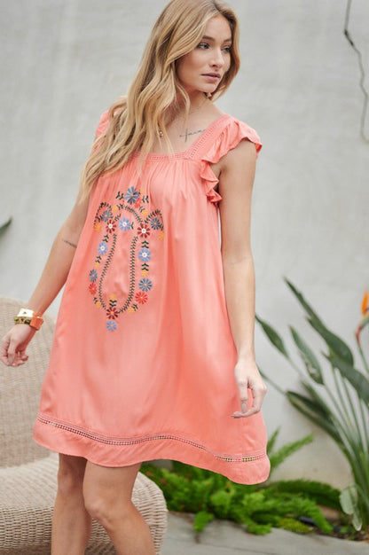 Loose Fit Embroidered Square Neck Mini Dress