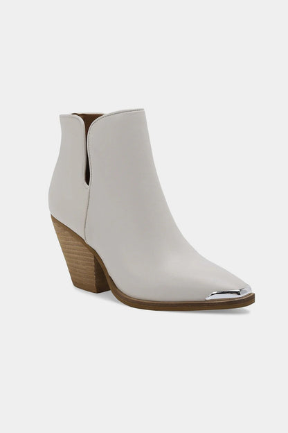 White Pointed Metal-Tip Toe Block Heel Ankle Boots