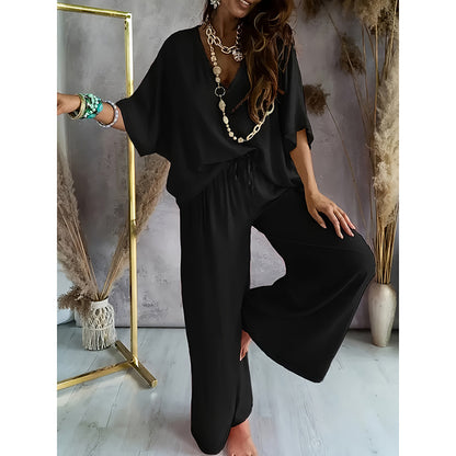 Two-Piece Lounge Set - V-Neck Top & Wide Leg Pants
