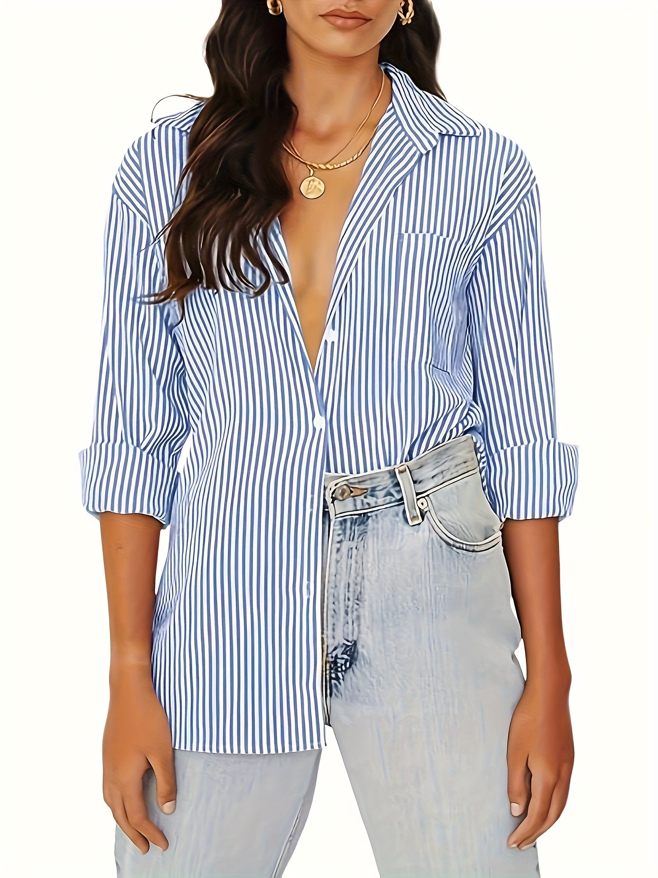 Casual Long Sleeve Striped Button-Up Shirt - Loose Fit