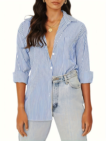 Casual Long Sleeve Striped Button-Up Shirt - Loose Fit