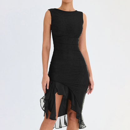 High-Neck Ruffle Hem solid Color Midi Dress