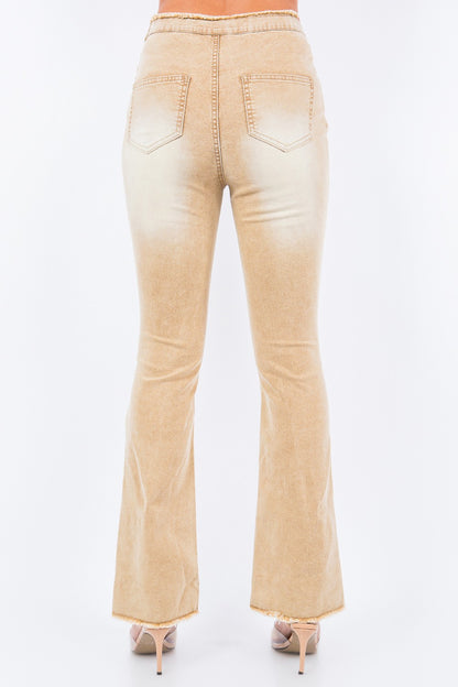 Tan V-Cut Ruched Flare Leg Retro Side Zipper Pants