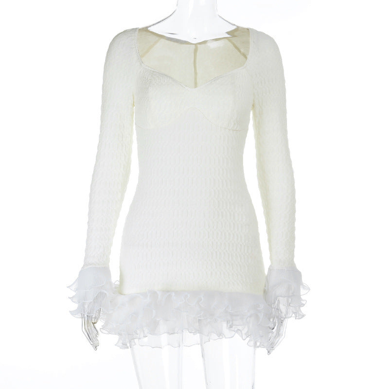 Textured Lace Midi Dress - Long Sleeve Ivory - Fashions Envy