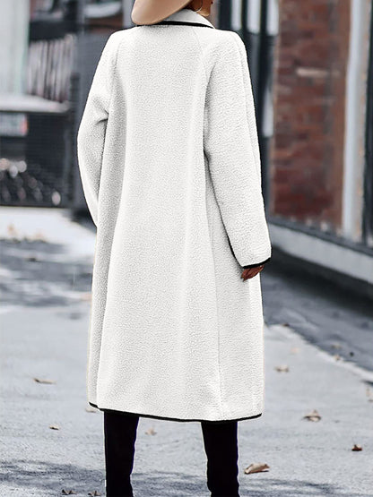 Full Size Contrast Trim Long Sleeve Coat with Pockets - Fashions Envy