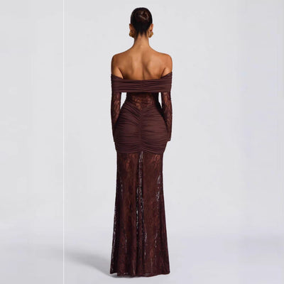 Off-Shoulder Bodycon Dress - Lace Long Sleeve Gown - Fashions Envy