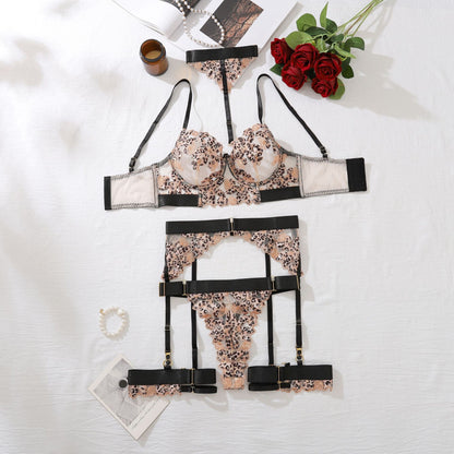Leopard Print Lingerie Set - Five Piece Embroidered