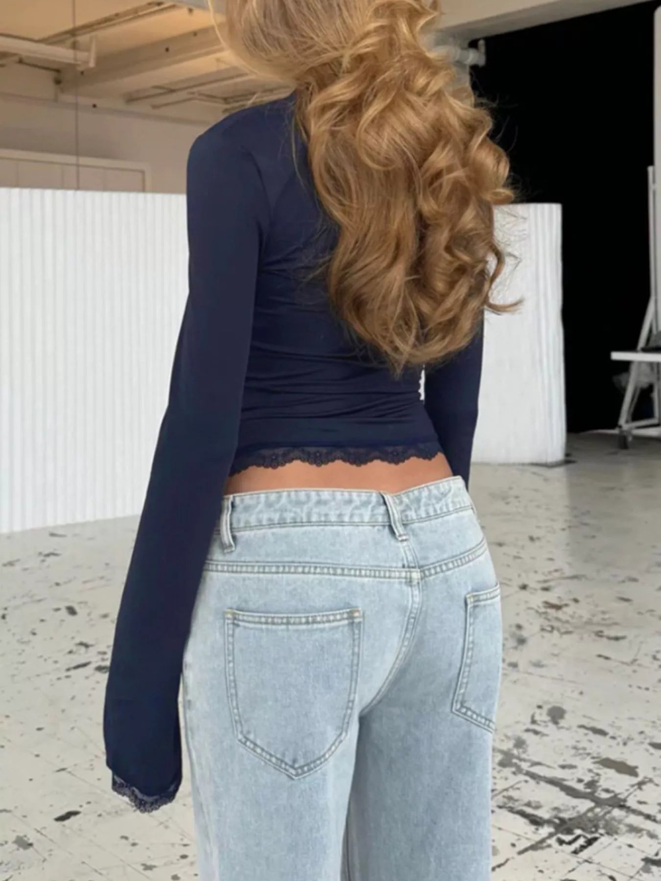 Lace Trim Top - Square Neck Long Sleeve Fitted - Fashions Envy