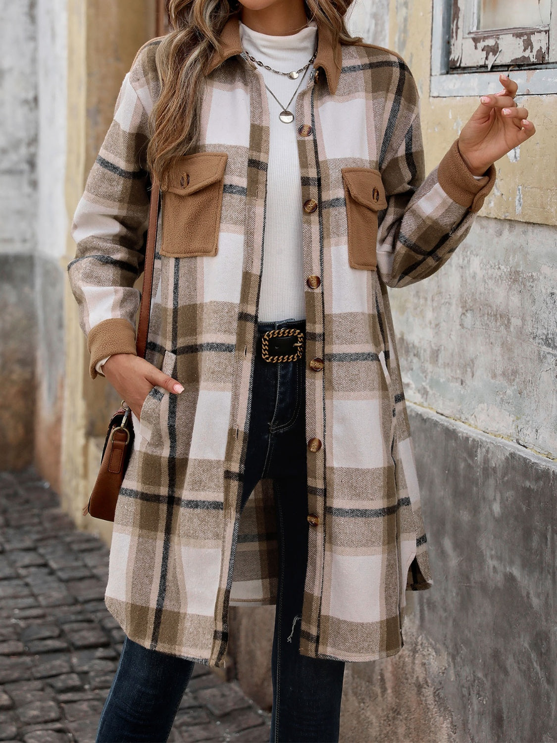 Perfee Plaid Button Up Long Sleeve Coat - Fashions Envy