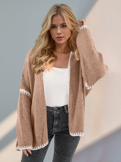 Double Take Contrast Open Front Dropped Shoulder Cardigan - Fashions Envy