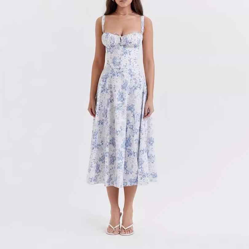 Corset Lace-Up Back Midi Dress - Wide Strap Side Slit