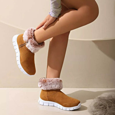 Side Zip Faux Fur Boots - Cozy Low Heel Winter Boots - Fashions Envy