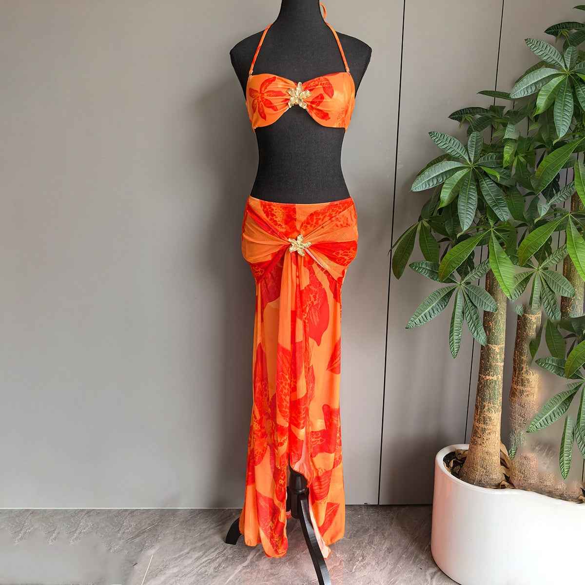 Orange Print Bikini Set - Tie Strap Triangle Two-Piece Swimsuit