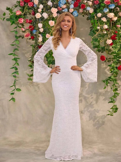 White Lace Flare Sleeve Maxi Dress - Surplice V-Neck Gown