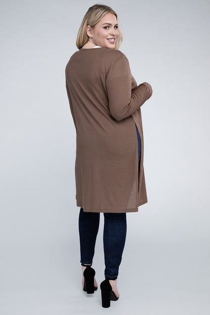 Plus Open Front Side Slit Everyday Long Cardigan