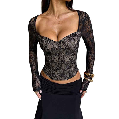 Black Lace Long Sleeve Top - V-Neck Waist Cinched Slim