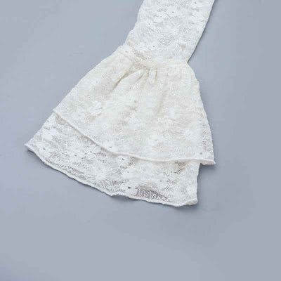 Lace See-Through Mini Dress - Long Sleeve V-Neck Apricot