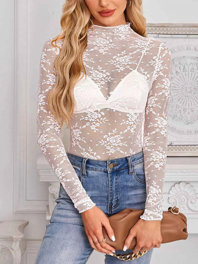Sheer Lace Blouse - Long Sleeve Mock Neck Top - Fashions Envy
