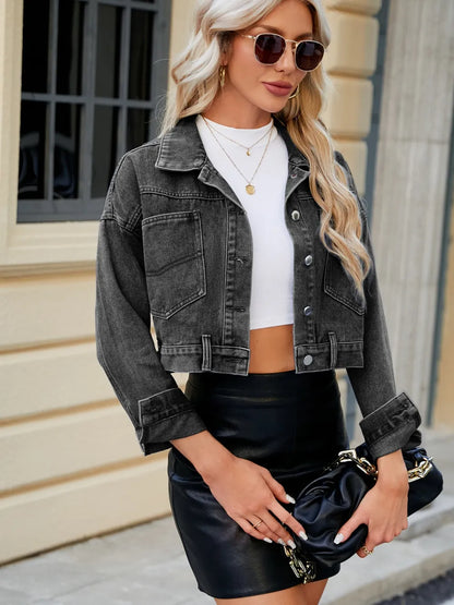 Dropped Shoulder Denim Jacket - Pocketed Button-Up Style - Fashions Envy