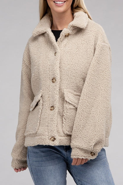 Cozy Sherpa Button-Front Long Sleeve Jacket