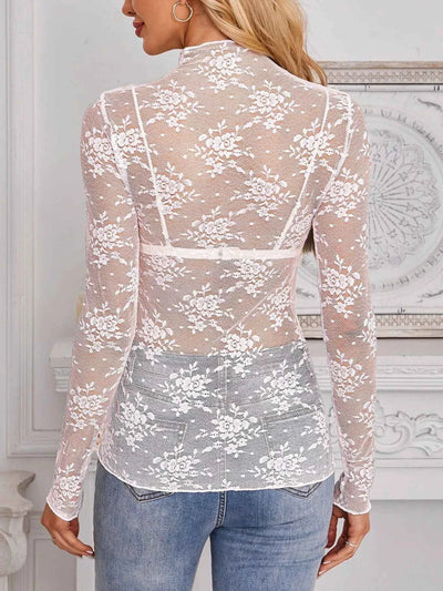 Sheer Lace Blouse - Long Sleeve Mock Neck Top - Fashions Envy