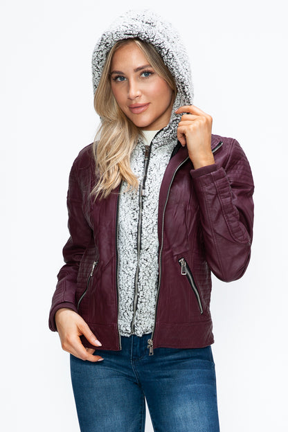 Wine Faux Layered Double-Zipper Jacket with Fuzzy Hood