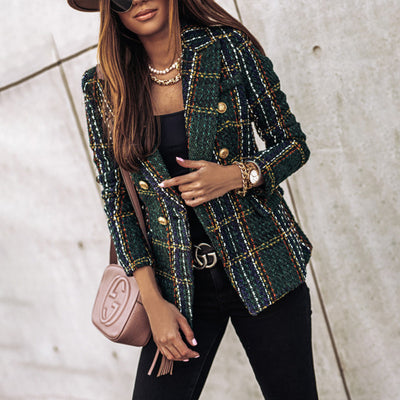 Elegant Checkered Long Sleeve Blazer - Double-Breasted Printed Coat