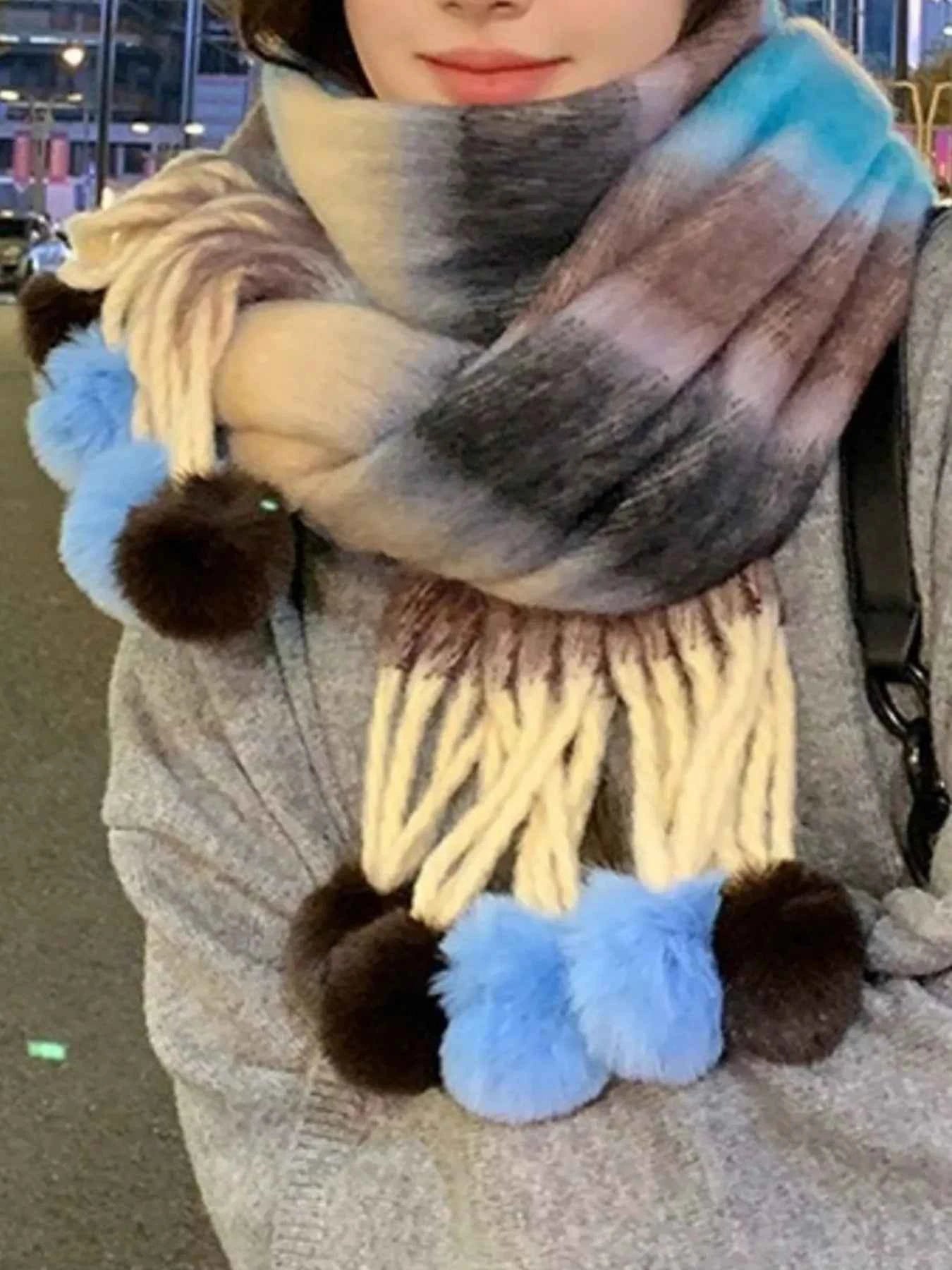 Striped Scarf with Pom-Poms