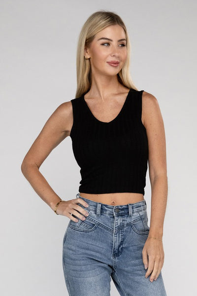 Ribbed Scoop Neck Cropped Sleeveless Top - Fashions Envy
