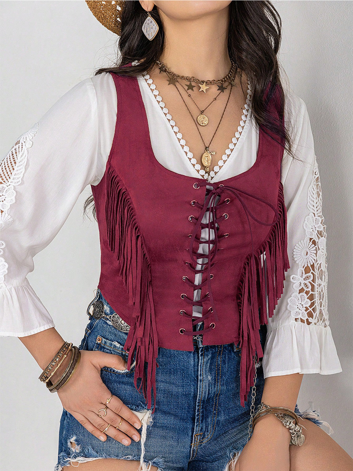 Fringe Lace-Up Vest - Fashions Envy