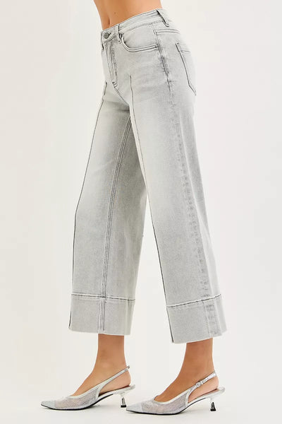 RISEN Tummy Control Mid Rise Crop Wide Pintuck Front Jeans - Fashions Envy