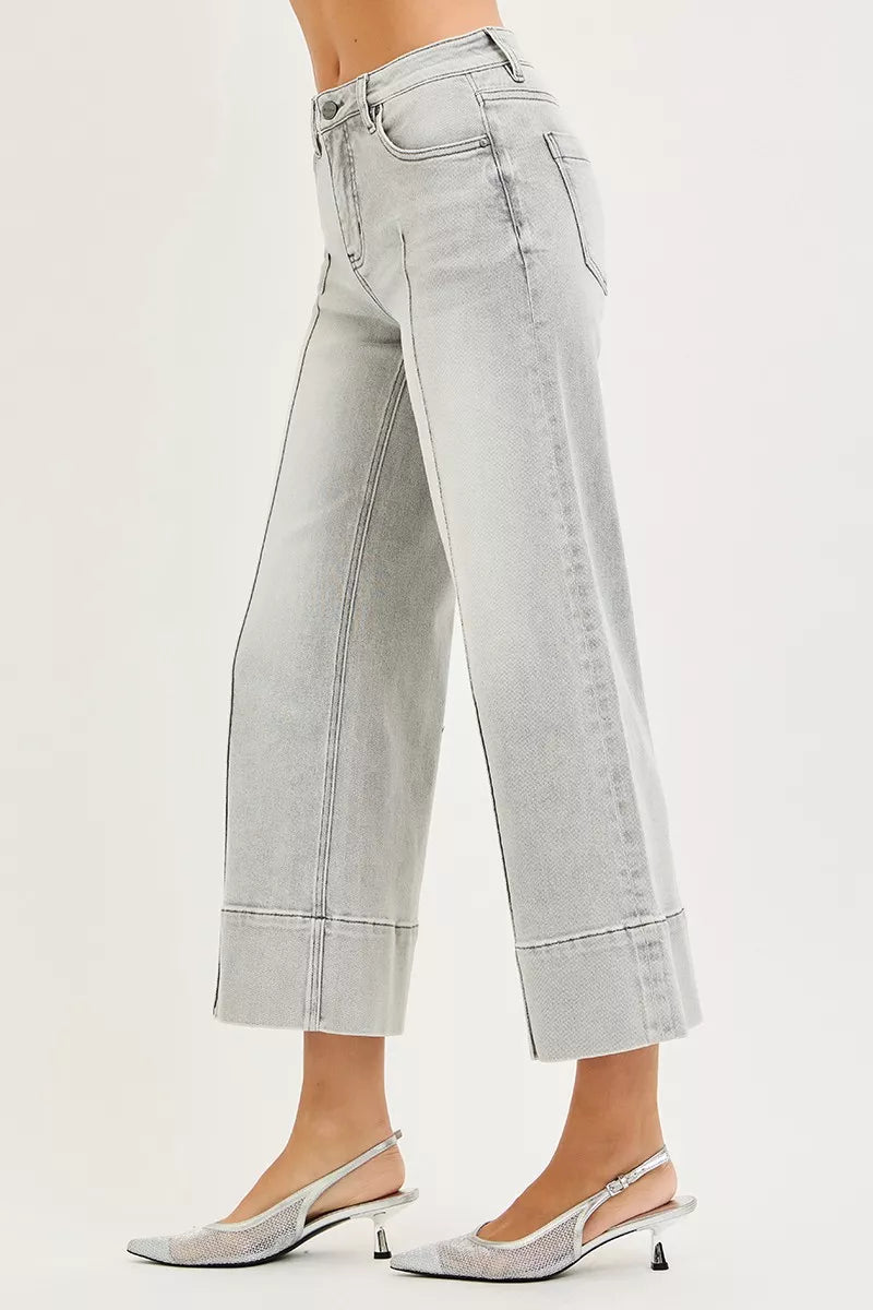 RISEN Tummy Control Mid Rise Crop Wide Pintuck Front Jeans - Fashions Envy