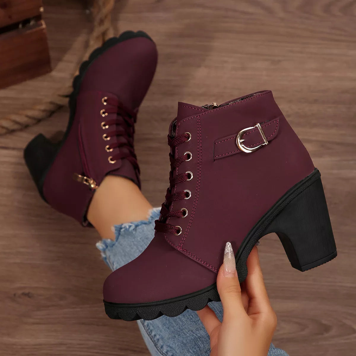 Lace Up Boots - Block High Heels - Fashions Envy