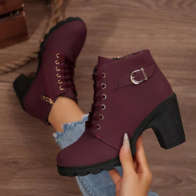 Lace Up Boots - Block High Heels - Fashions Envy