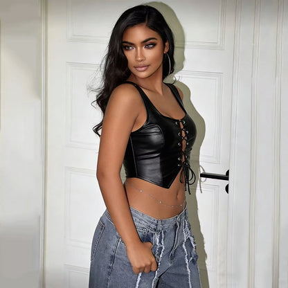 Leather Crop Vest - Black PU Strap Top Party Style
