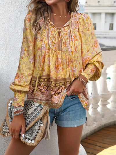 Bohemian Blouse - Floral Print Tie Neck - Fashions Envy