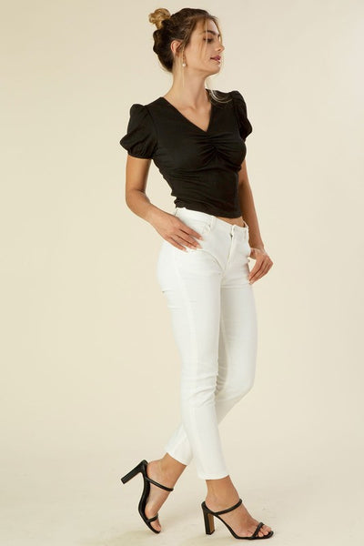 Shirred V-Neck Short Puff Sleeve Top
