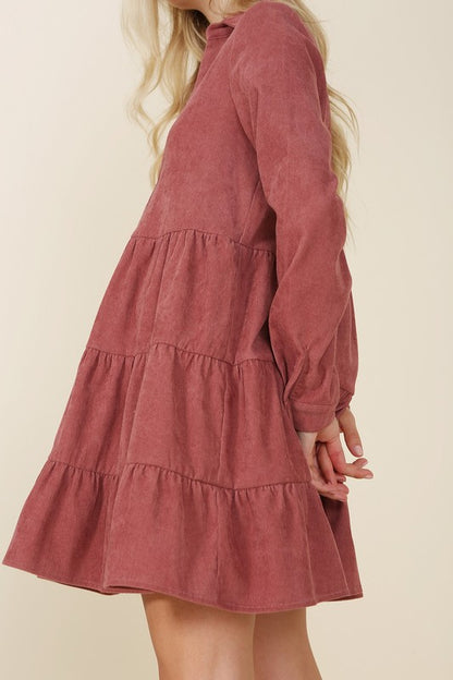 Corduroy Tiered Long Sleeve Mini Dress