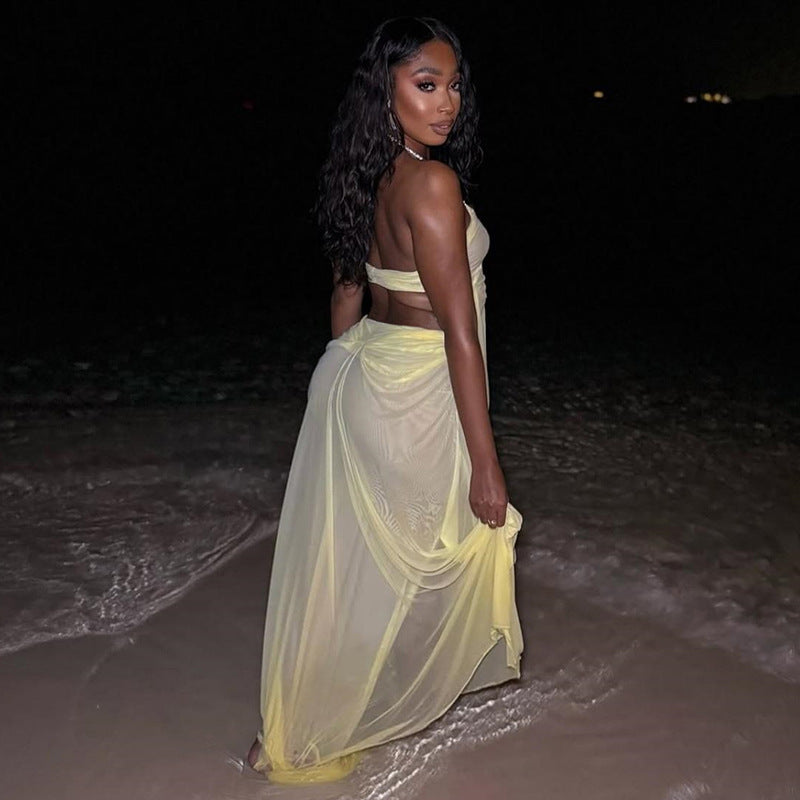 Sleeveless Cut-out Maxi Dress - Mesh Sheer Low-Cut Halter