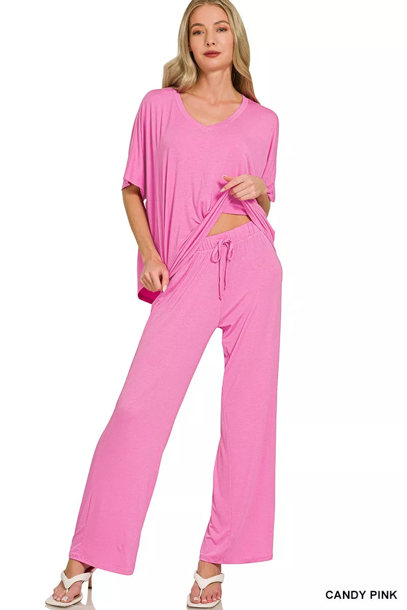 Zenana V-neck Oversized Top & Pants Set - Fashions Envy