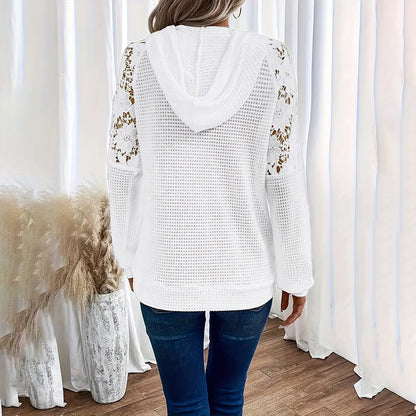 Women's Solid Color Casual Hoodie With Lace-Trim