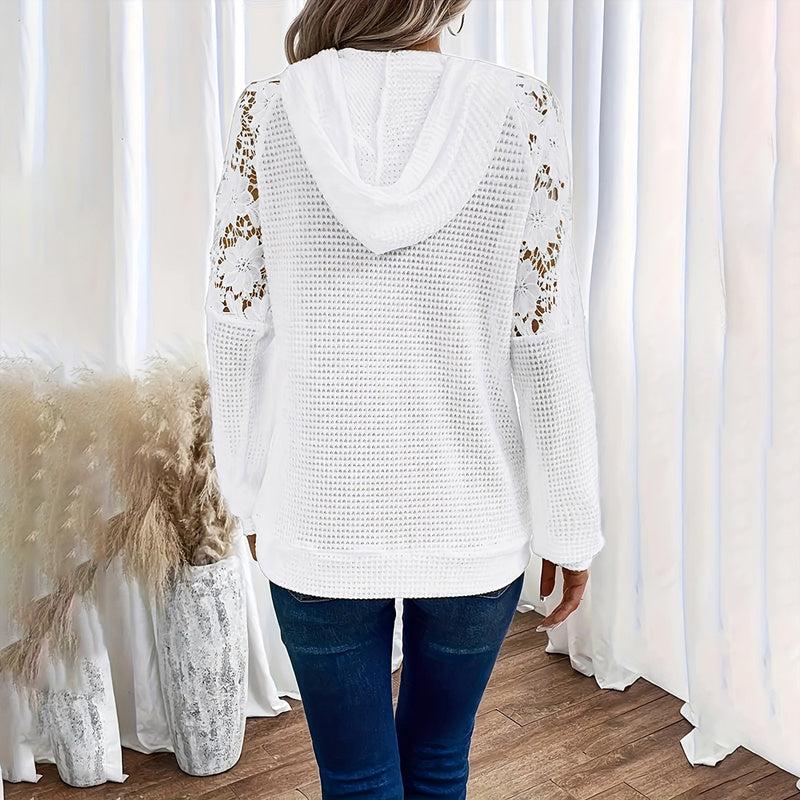 Women's Solid Color Casual Hoodie With Lace-Trim