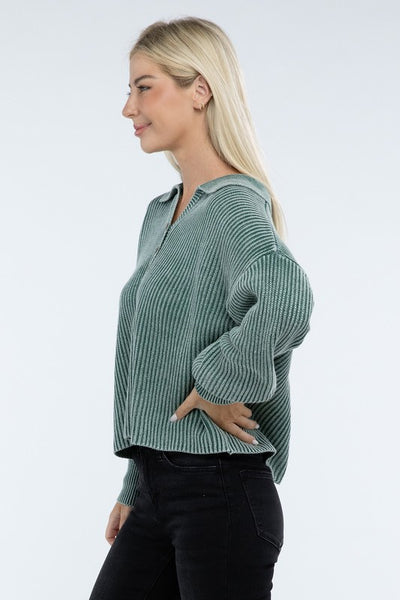Ribbed Washed Collared Henley Sweater - Fashions Envy