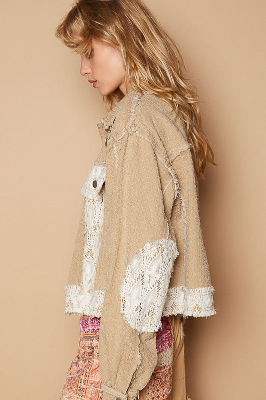 Sand Multicolor Crochet Patch Embroidered Button Up Jacket