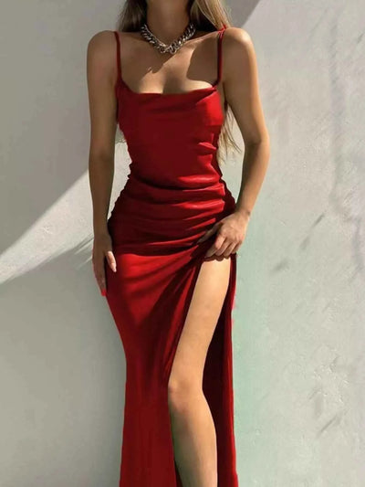 Spaghetti Strap Maxi Dress - Ruched Split Leg Gown