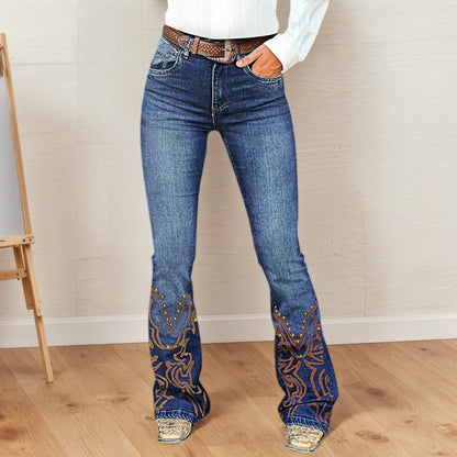 Mid-Waist Wide Leg Embroidered Jeans - Vintage Wash Denim