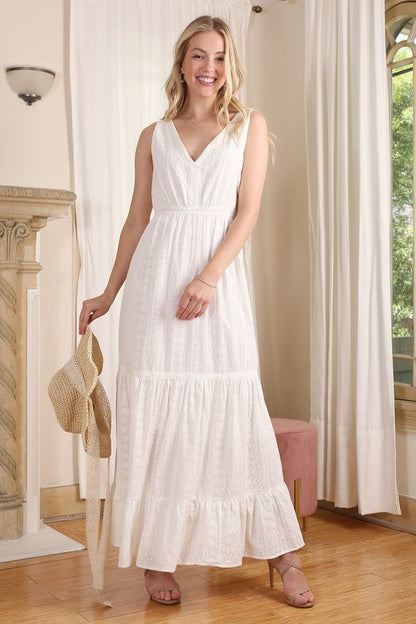 Embroidered V-Neckline Tiered White Maxi Dress