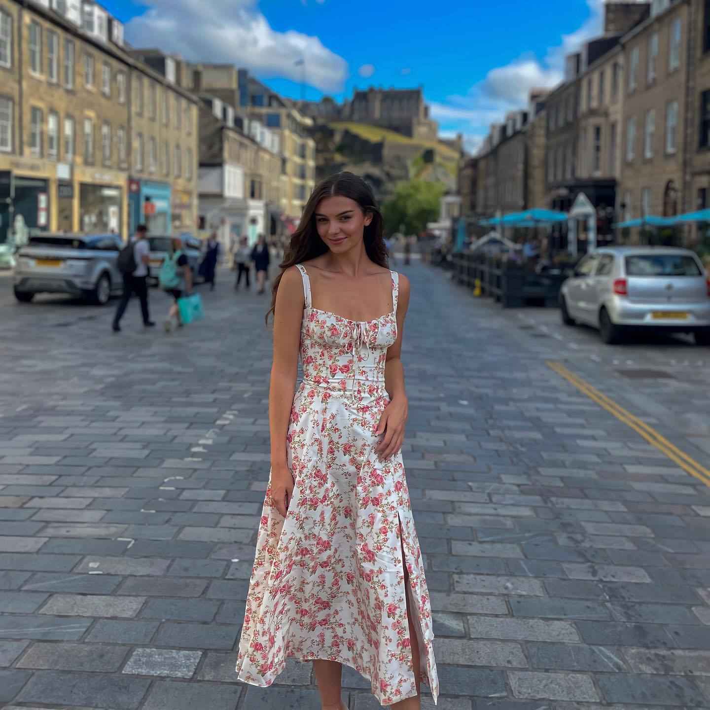 Corset Lace-Up Back Midi Dress - Wide Strap Side Slit