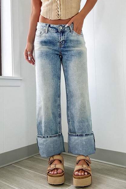 Medium Denim Washed Wide Leg Jeans with Pockets