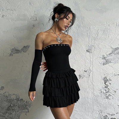 Bustier Dress - One-Shoulder Long Sleeve Slim Fit